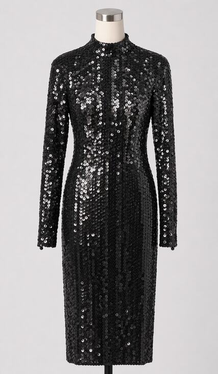 Vintage Dresses & Skirts - Vintage Black Sequin Dress Long Sleeve 1980s Glam Sparkle